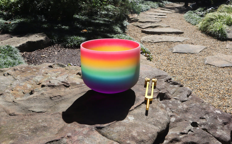 528 Hz Rainbow - 8” Crystal Singing Bowl And 174 Hz Solfeggio Tuning Fork - 99% Quartz Crystal, Mallet, With Padded Carry Case
