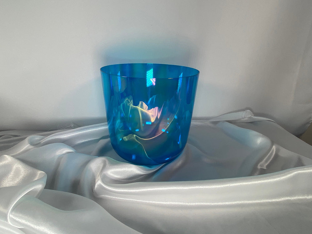 Cosmic Blue - Premium Clear 7.5" Crystal Singing Bowl w/ Tuning Fork 432 Hz Throat Chakra G Note, Suede Striker, O-Ring, and Carry Case