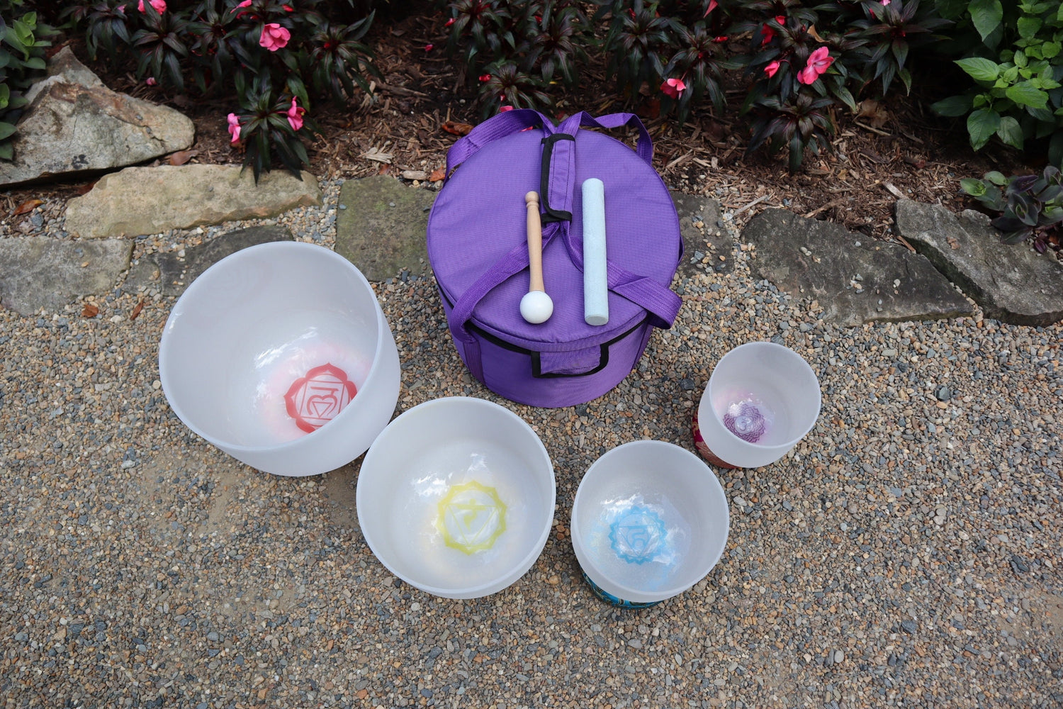 Myriad Melodies' Chakra Printed Partial Set Perfect Pitch (5 Cents) 432 Hz - 3pc or 4pc - Printed Engrams, 1 Case, Mallet, Suede Striker