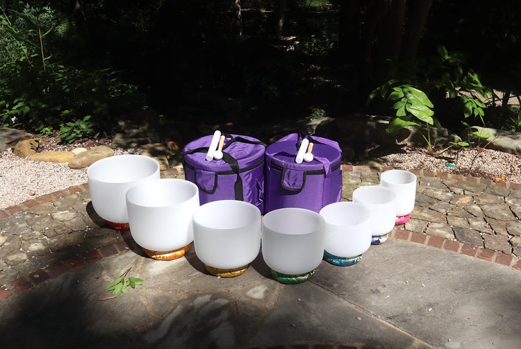 Myriad Melodies' Perfect Pitch (5 Cents) 432 Hz 6”-12" Quartz Crystal Singing Bowl 7pc Set With 2 Cases - 2 Suede Strikers, 2 Mallets