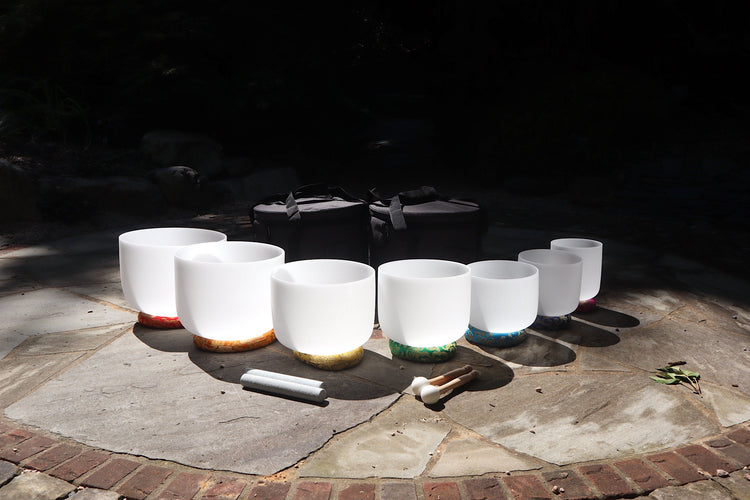 Myriad Melodies' Perfect Pitch (5 Cents) 432 Hz 6”-12" Quartz Crystal Singing Bowl 7pc Set With 2 Black Cases - 2 cases 2 Strikers 2 Mallets