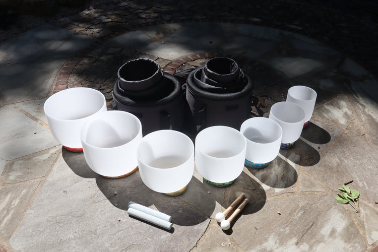 Myriad Melodies' Perfect Pitch (5 Cents) 432 Hz 6”-12" Quartz Crystal Singing Bowl 7pc Set With 2 Black Cases - 2 cases 2 Strikers 2 Mallets