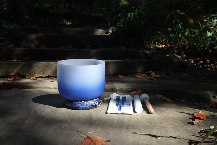 432 Hz 8” Soft Light 3rd Eye Chakra Crystal Singing Bowl with 3rd Eye Chakra Tuning Fork, Cushion, Mallet, O-Ring