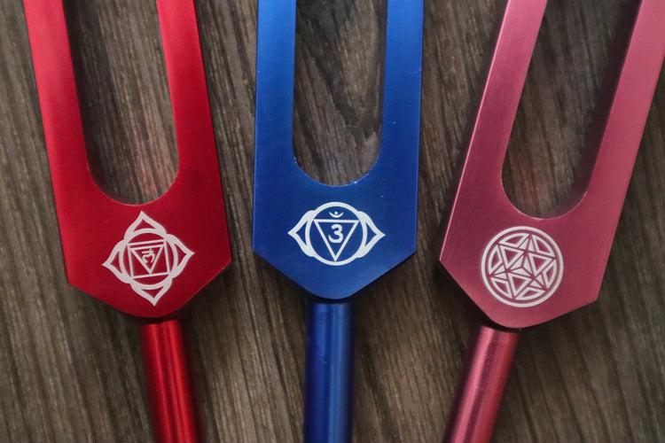 Myriad Melodies' Solfeggio Pearls - 9pc Iridescent Light Crystal Handle Bowl Set and 10pc Tuning Fork Set - Perfect Pitch, Bio-field