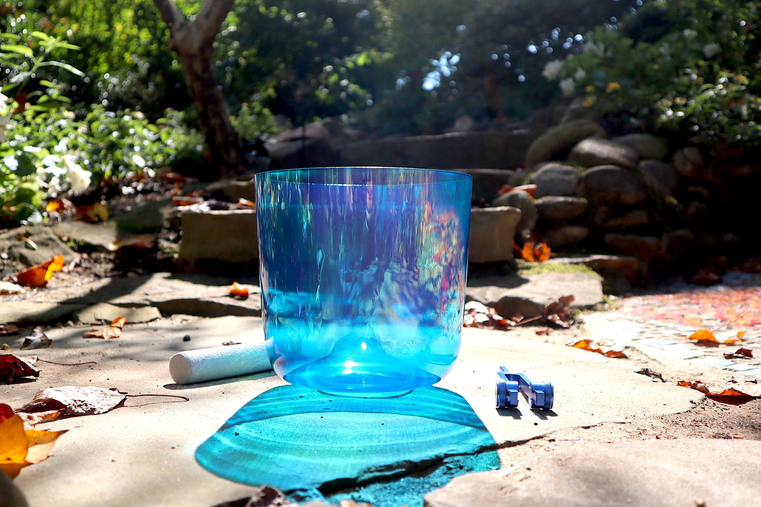 Cosmic Blue - Premium Clear 7.5" Crystal Singing Bowl w/ Tuning Fork 432 Hz Throat Chakra G Note, Suede Striker, O-Ring, and Carry Case