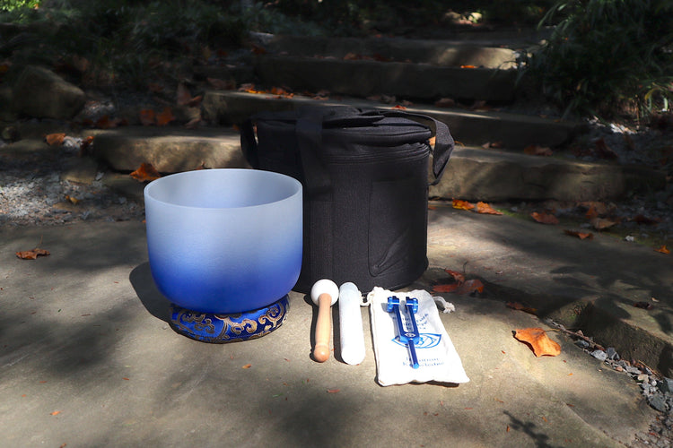 432 Hz 8” Soft Light 3rd Eye Chakra Crystal Singing Bowl with 3rd Eye Chakra Tuning Fork, Cushion, Mallet, O-Ring