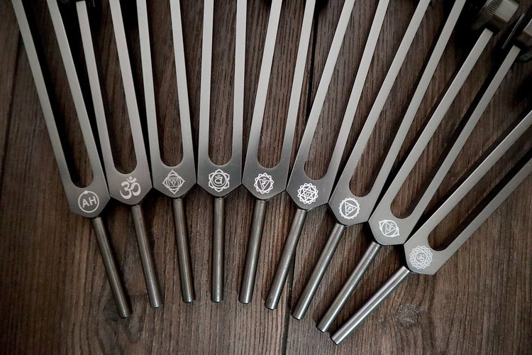 Myriad Melodies' Professionally Tuned .25 9pc Secret Solfeggio Set - Classic 9pc Set - Chakra Printed Engrams, Bio-field,