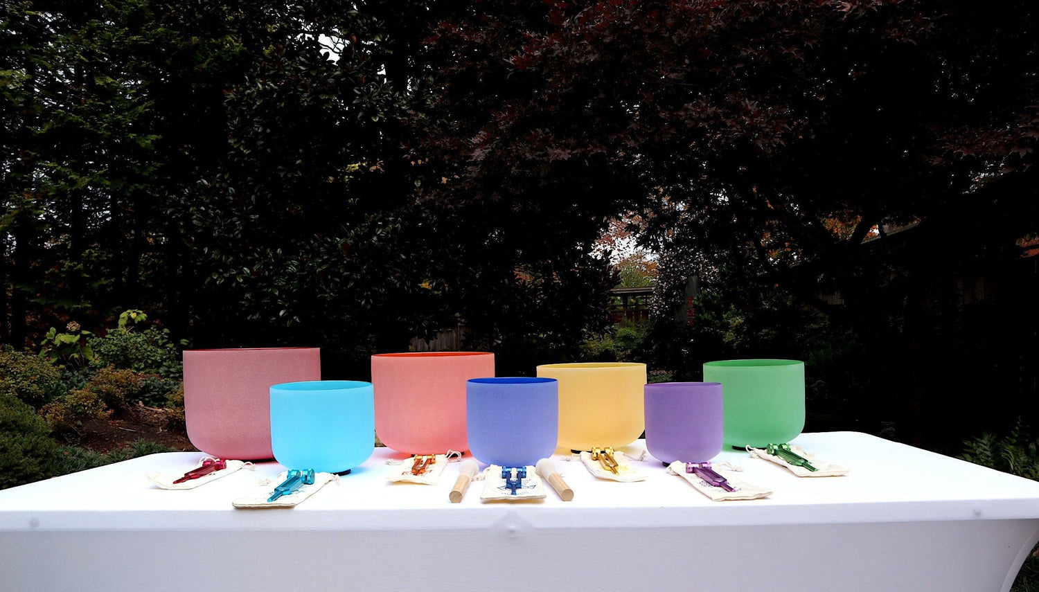 Myriad Melodies' Perfect Pitch 432 Hz Frosted Chakra Singing Bowl Set - 10 Chakra Tuning Forks - 10 Crystal Attenuators - Protective Cases