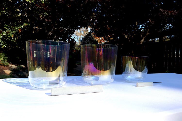 Myriad Melodies' 3pc or 4pc Partial Set Clear Cosmic Light Singing Bowl Set - 432hz Perfect Pitch, Mixed Octaves, Cases, Suede Strikers