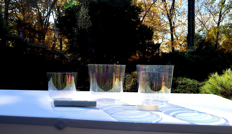 Myriad Melodies' 3pc or 4pc Partial Set Clear Cosmic Light Singing Bowl Set - 432hz Perfect Pitch, Mixed Octaves, Cases, Suede Strikers