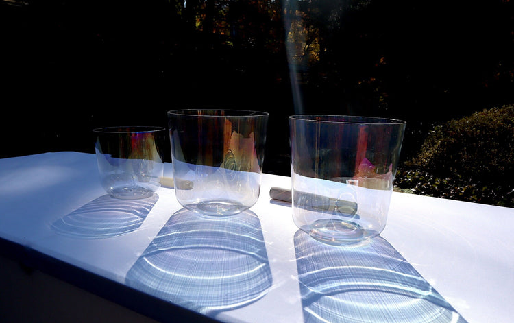 Myriad Melodies' 3pc or 4pc Partial Set Clear Cosmic Light Singing Bowl Set - 432hz Perfect Pitch, Mixed Octaves, Cases, Suede Strikers