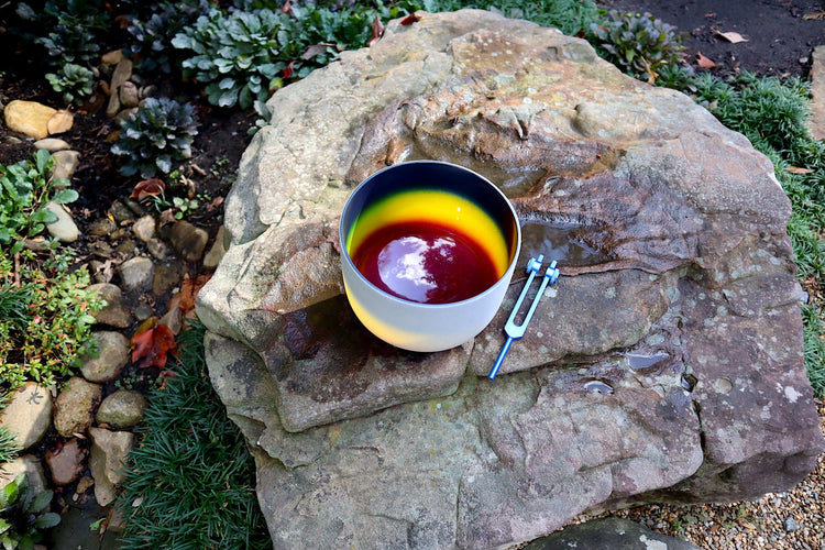432 Hz Third Eye Rainbow Bowl - 8” Crystal Singing Bowl - 174 Hz Solfeggio Tuning Fork - 99% Quartz Crystal, Striker, Padded Carry Case