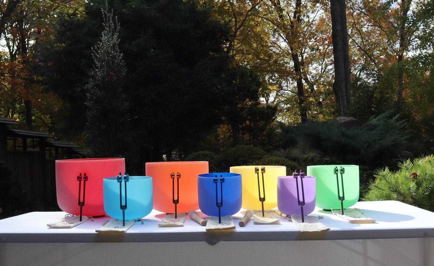 Myriad Melodies' Perfect Pitch 432 Hz Frosted Chakra Singing Bowl Set - 10 Chakra Tuning Forks - 10 Crystal Attenuators - Protective Cases