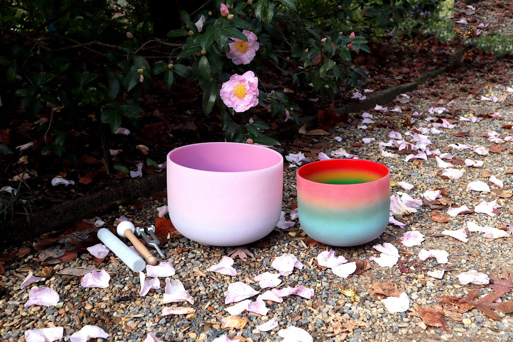 528 Hz Rainbow and 432 Hz Pink Aura Bowl - 174Hz Solfeggio Tuning Fork - Mallet, Suede Striker, Carry Case, Sound Vibration, Gift For Her