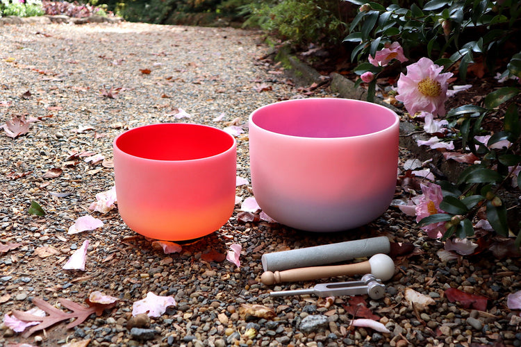 528 Hz 8" Horizon and 432 Hz 10" Pink Aura Bowl - 174Hz Solfeggio Tuning Fork - Mallet, Striker, Carry Case, Sound Vibration, Gift For Her