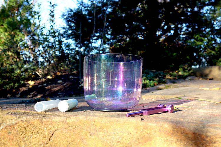 Clear Crystal - 7" Premium Clear Crystal Singing Bowl w/ Tuning Fork - 432 Hz, Suede Striker, O-Ring, and Carry Case