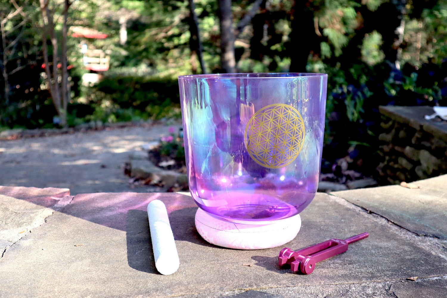 Flower Of Life Heart Chakra Bowl - Premium Clear 8" Crystal Singing Bowl w/ Tuning Fork - 432 Hz Perfect Pitch, Suede Striker, O-Ring, Case