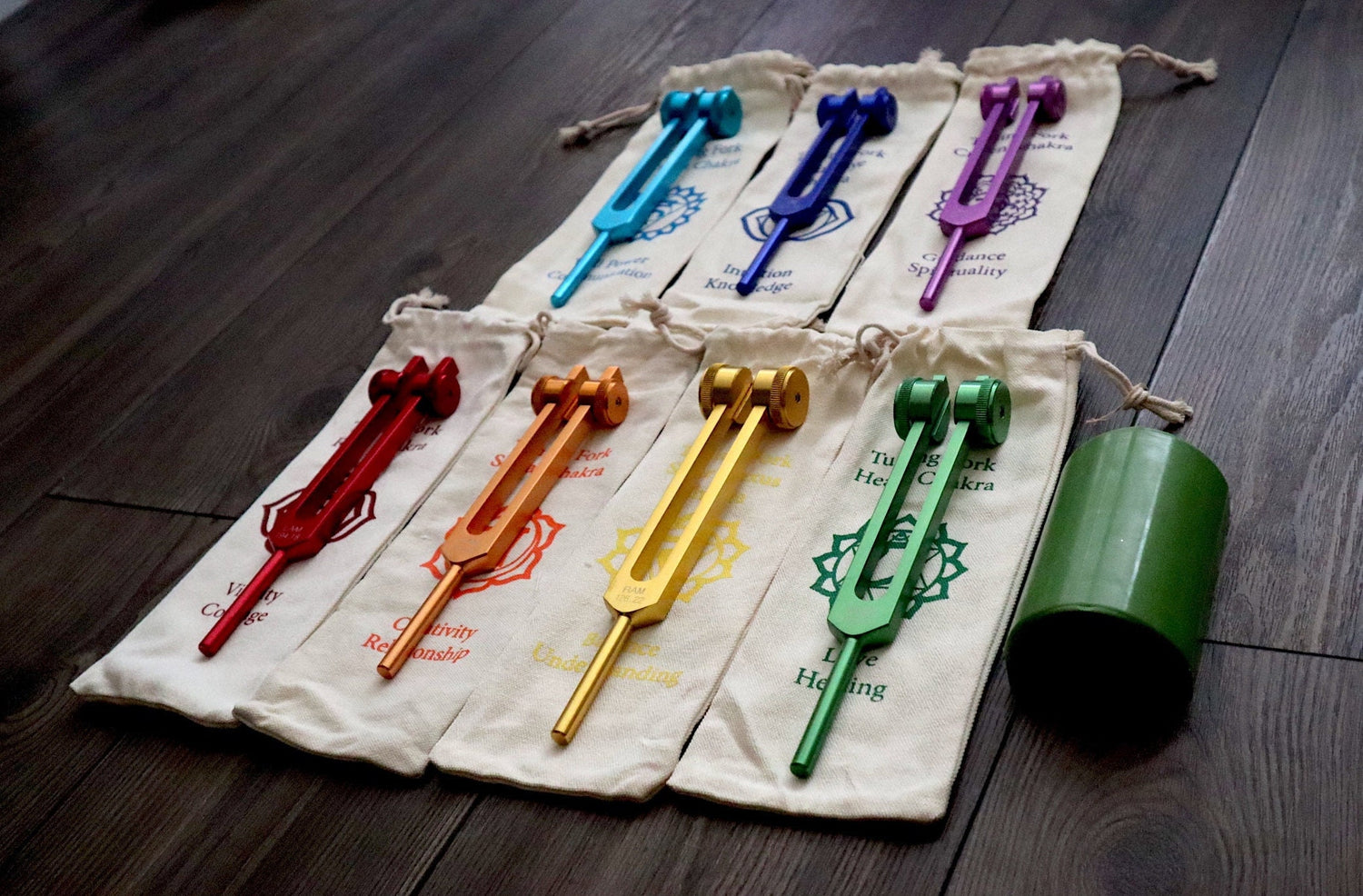 Mantra Tuning Forks - Professionally Tuned .25 - 7pc Chakra Set for Practicing Mantra, Chakra Balancing and Alignment, Sound Vibration