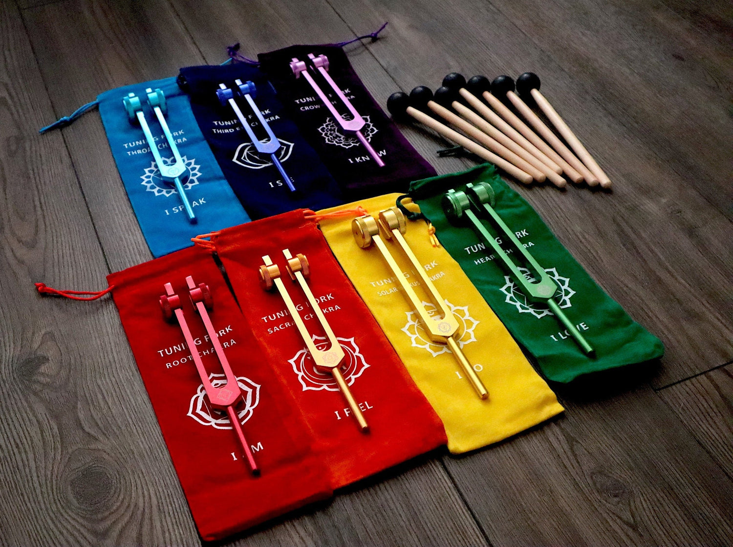 Mantra Tuning Forks - Professionally Tuned .25 - 7pc Chakra Set for Practicing Mantra, Chakra Balancing and Alignment, Sound Vibration