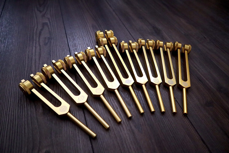 Myriad Melodies' Professionally Tuned .25 8pc Chakra Tuning Fork Set - Gold, Root Through Crown Chakras - Attenuator Extenders - Biofield