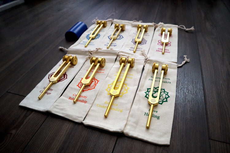 Myriad Melodies' Professionally Tuned .25 8pc Chakra Tuning Fork Set - Gold, Root Through Crown Chakras - Attenuator Extenders - Biofield