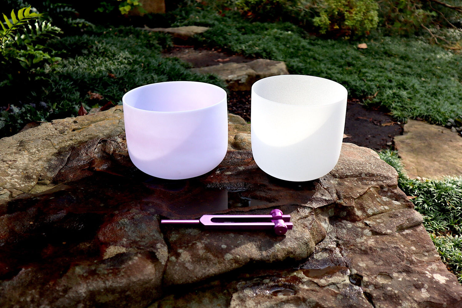 Amethyst Gem Infused - Perfect Pitch 432Hz - 8" Heart Chakra Bowl, 7" 3rd Eye Bowl, Crown Chakra Tuning Fork, Mallet, O-Ring, Carry Case