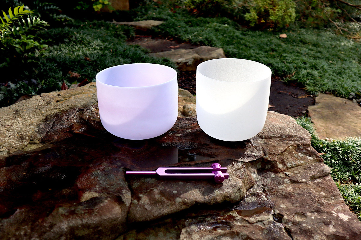 Amethyst Gem Infused - Perfect Pitch 432Hz - 8" Heart Chakra Bowl, 7" 3rd Eye Bowl, Crown Chakra Tuning Fork, Mallet, O-Ring, Carry Case