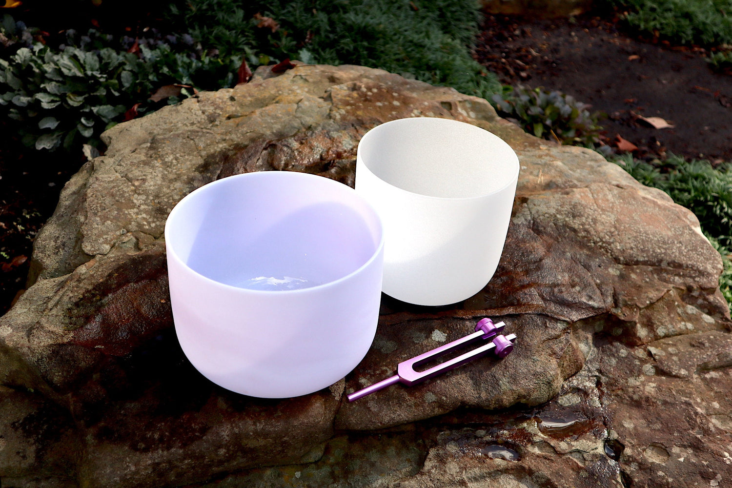 Amethyst Gem Infused - Perfect Pitch 432Hz - 8" Heart Chakra Bowl, 7" 3rd Eye Bowl, Crown Chakra Tuning Fork, Mallet, O-Ring, Carry Case