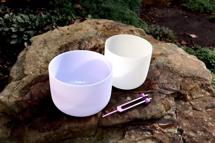 Amethyst Gem Infused - Perfect Pitch 432Hz - 8" Heart Chakra Bowl, 7" 3rd Eye Bowl, Crown Chakra Tuning Fork, Mallet, O-Ring, Carry Case