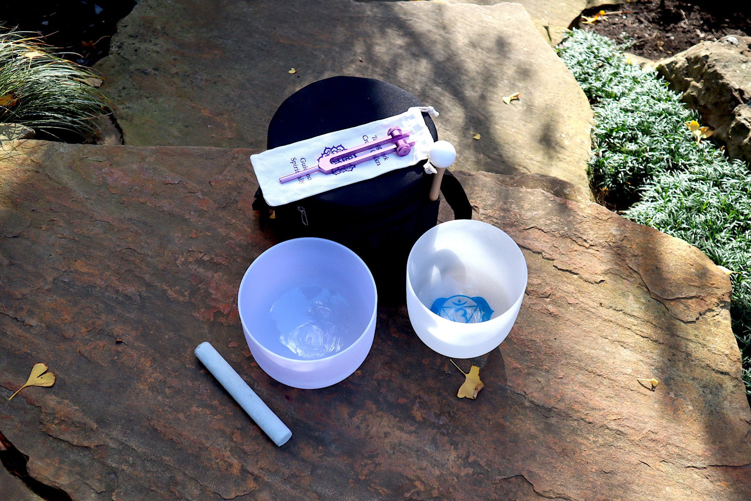 Amethyst Gem Infused - Perfect Pitch 432Hz - 8" Heart Chakra Bowl, 7" 3rd Eye Bowl, Crown Chakra Tuning Fork, Mallet, O-Ring, Carry Case