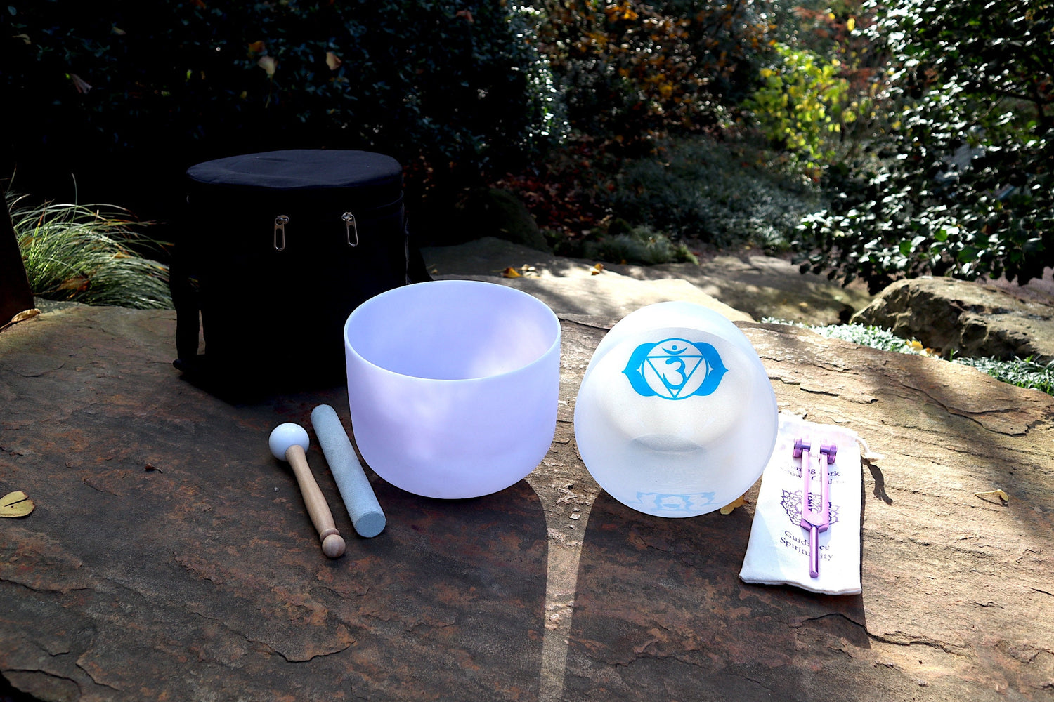 Amethyst Gem Infused - Perfect Pitch 432Hz - 8" Heart Chakra Bowl, 7" 3rd Eye Bowl, Crown Chakra Tuning Fork, Mallet, O-Ring, Carry Case