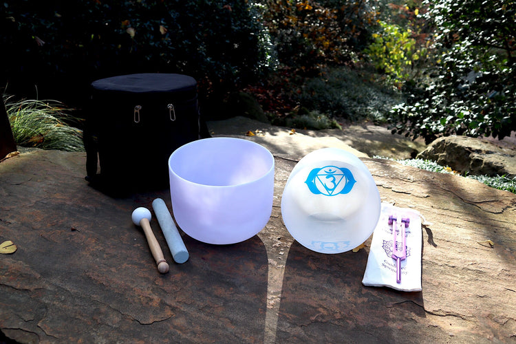Amethyst Gem Infused - Perfect Pitch 432Hz - 8" Heart Chakra Bowl, 7" 3rd Eye Bowl, Crown Chakra Tuning Fork, Mallet, O-Ring, Carry Case