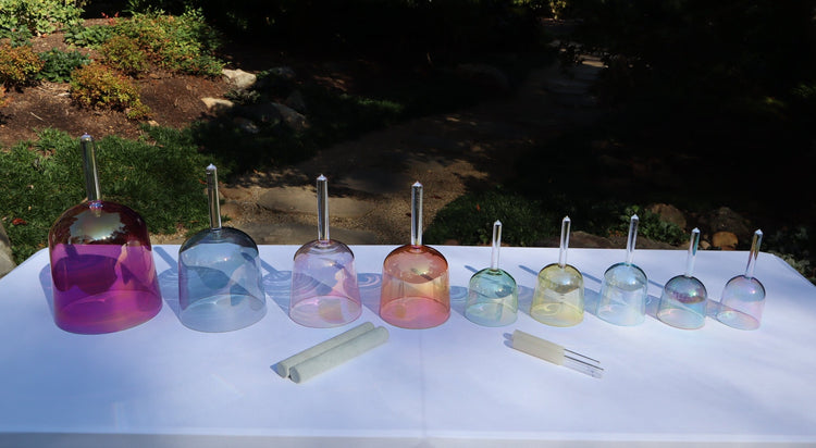 Myriad Melodies' Solfeggio Pearls - 9pc Iridescent Light Crystal Handle Bowl Set and 10pc Tuning Fork Set - Perfect Pitch, Bio-field