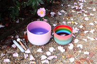 528 Hz Rainbow and 432 Hz Pink Aura Bowl - 174Hz Solfeggio Tuning Fork - Mallet, Suede Striker, Carry Case, Sound Vibration, Gift For Her