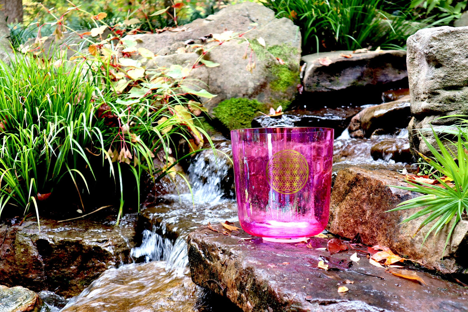 Flower Of Life Heart Chakra Bowl - Premium Clear 8" Crystal Singing Bowl w/ Tuning Fork - 432 Hz Perfect Pitch, Suede Striker, O-Ring, Case
