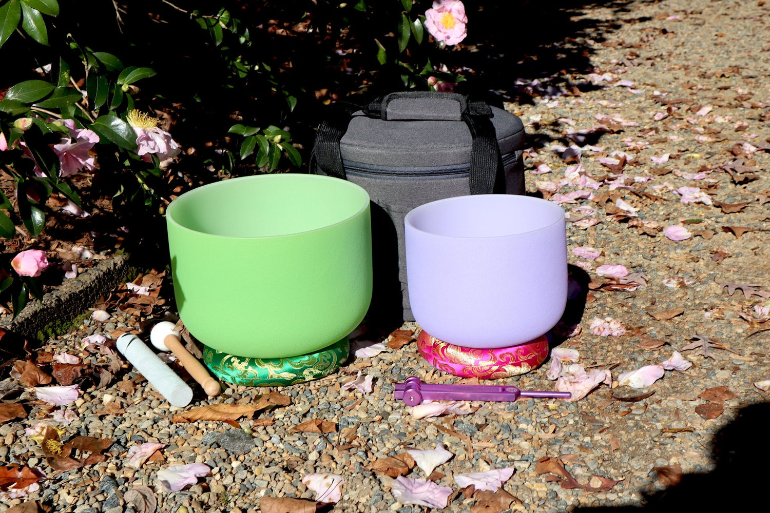 432 Hz 10" Heart Chakra and 8" Crown Chakra Singing Bowl Bundle - Crown Chakra Tuning Fork - Mallet, Suede Striker, Case, Sound Vibration