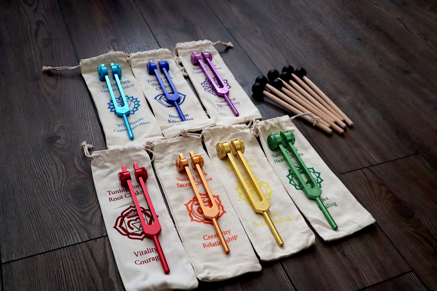 Mantra Tuning Forks - Professionally Tuned .25 - 7pc Chakra Set for Practicing Mantra, Chakra Balancing and Alignment, Sound Vibration