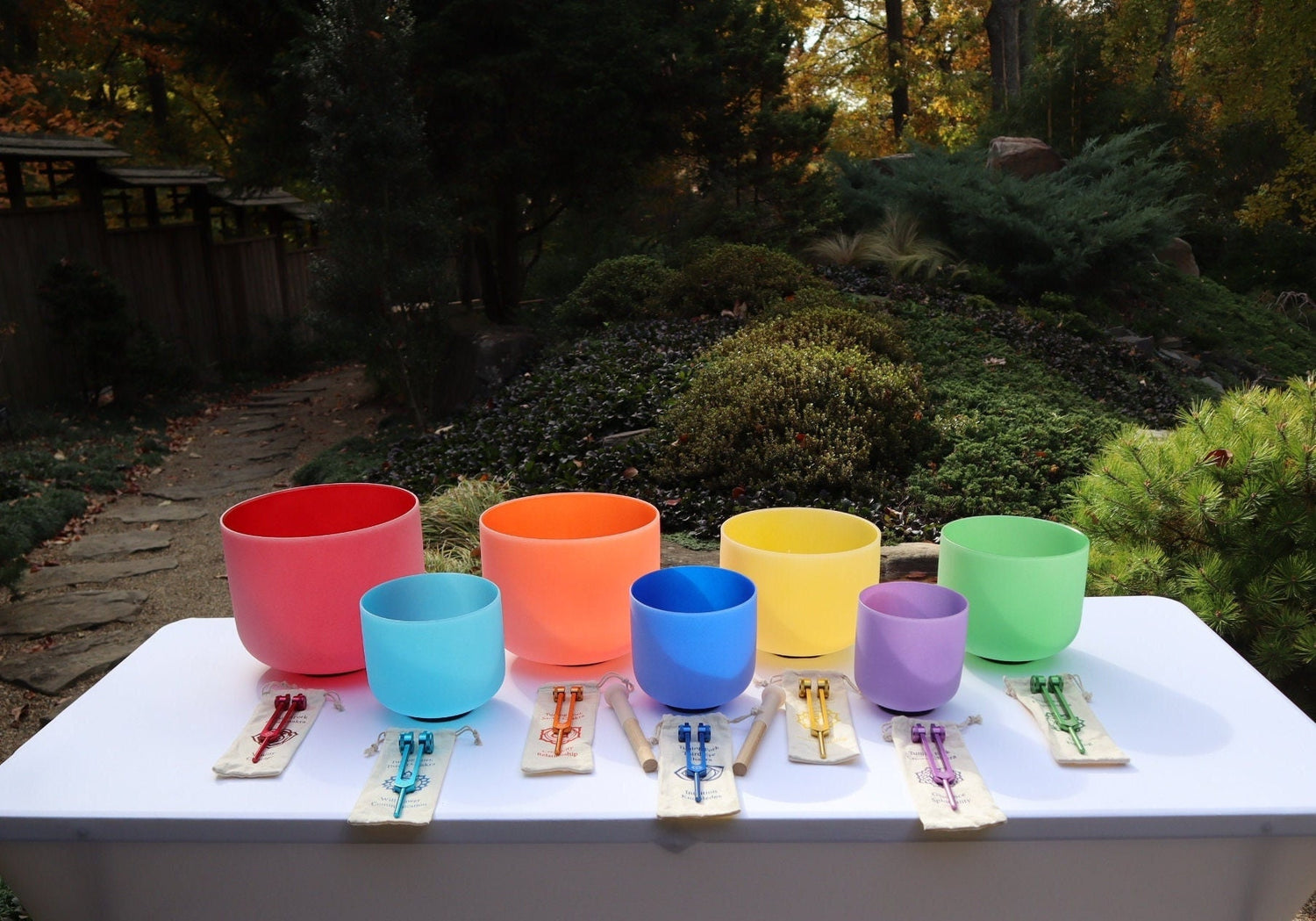 Myriad Melodies' Perfect Pitch 432 Hz Frosted Chakra Singing Bowl Set - 10 Chakra Tuning Forks - 10 Crystal Attenuators - Protective Cases