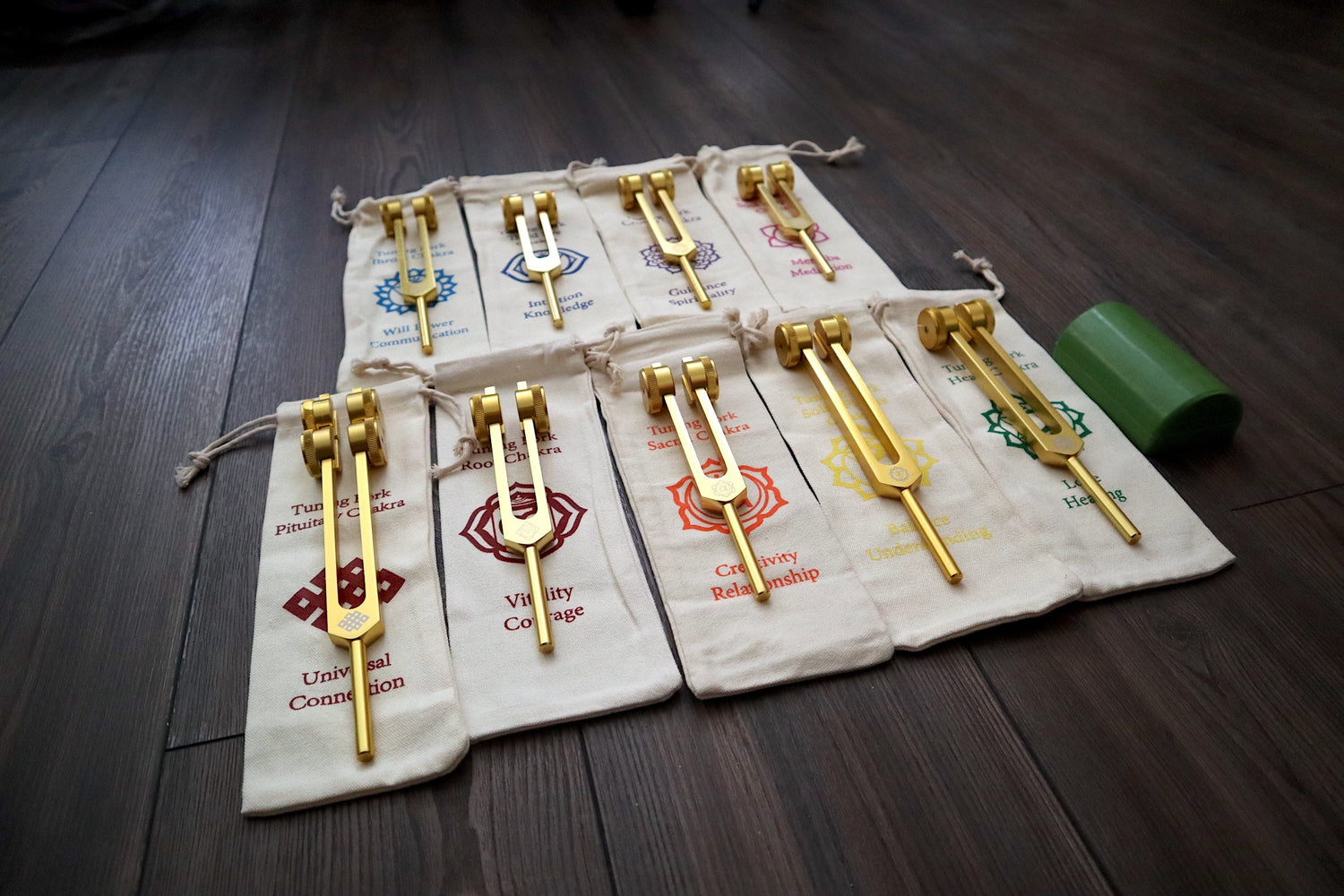 Myriad Melodies' Professionally Tuned .25 8pc Chakra Tuning Fork Set - Gold, Root Through Crown Chakras - Attenuator Extenders - Biofield