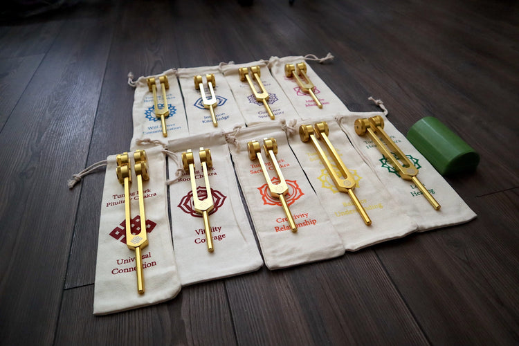 Myriad Melodies' Professionally Tuned .25 8pc Chakra Tuning Fork Set - Gold, Root Through Crown Chakras - Attenuator Extenders - Biofield