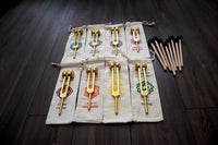 Myriad Melodies' Professionally Tuned .25 8pc Chakra Tuning Fork Set - Gold, Root Through Crown Chakras - Attenuator Extenders - Biofield