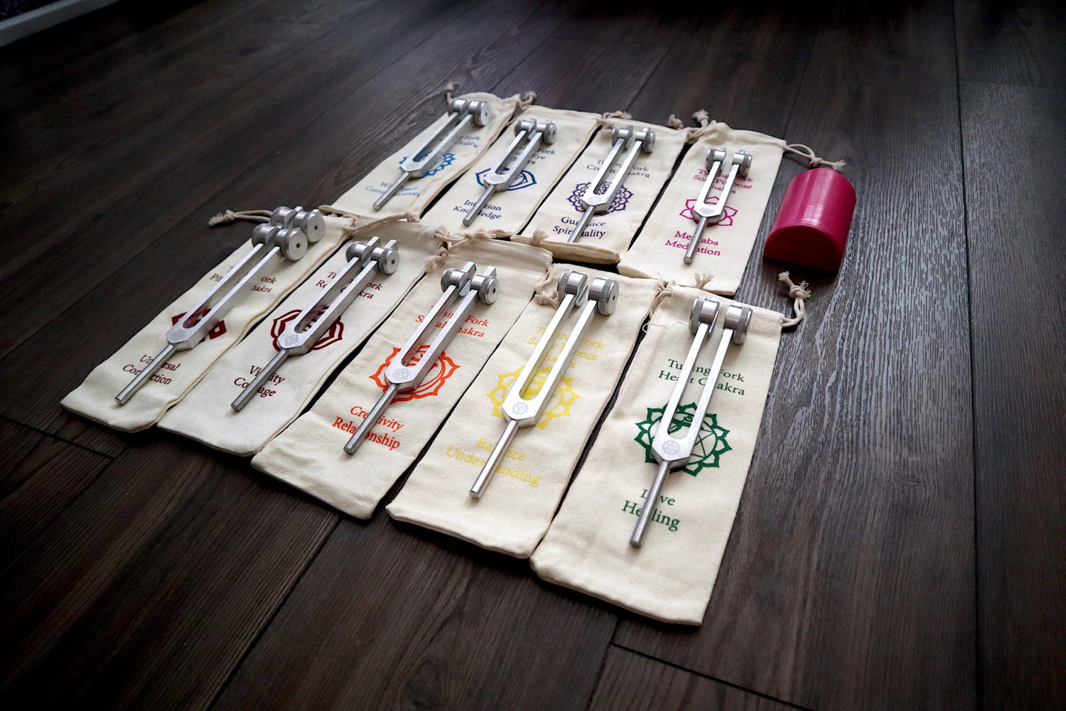 Myriad Melodies' Professionally Tuned .25 8pc Chakra Tuning Fork Set - Silver - Root to Crown Chakras - Attenuator Extenders - Biofield