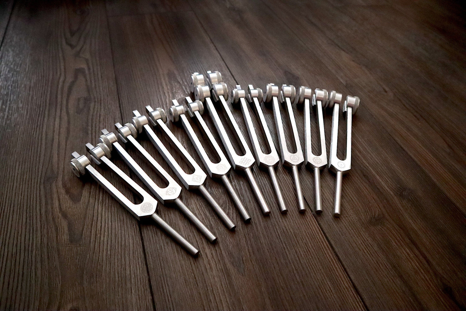 Myriad Melodies' Professionally Tuned .25 8pc Chakra Tuning Fork Set - Silver - Root to Crown Chakras - Attenuator Extenders - Biofield