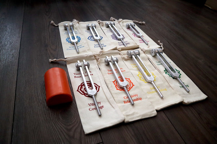 Myriad Melodies' Professionally Tuned .25 8pc Chakra Tuning Fork Set - Silver - Root to Crown Chakras - Attenuator Extenders - Biofield