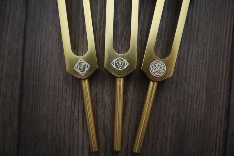 Myriad Melodies' Professionally Tuned .25 8pc Chakra Tuning Fork Set - Gold, Root Through Crown Chakras - Attenuator Extenders - Biofield