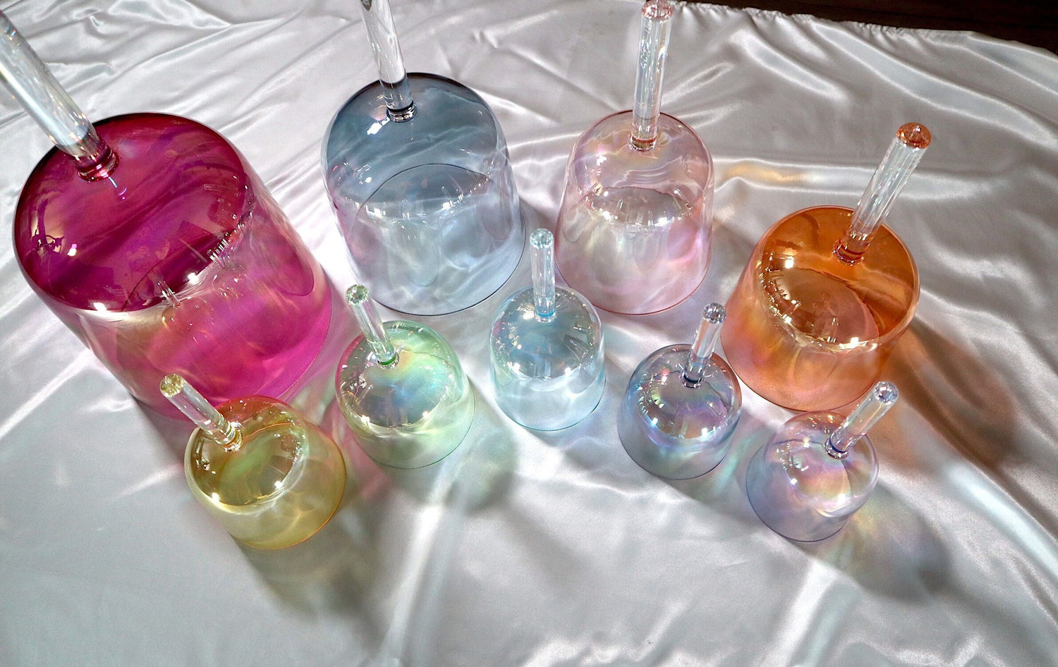 Myriad Melodies' Solfeggio Pearls - 9pc Iridescent Light Crystal Handle Bowl Set and 10pc Tuning Fork Set - Perfect Pitch, Bio-field