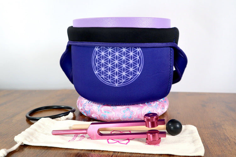 High Vibrational Crown Chakra 8" Crystal Singing Bowl 432Hz B-Note, Merkaba Soul Purpose Tuning Fork, Bag, Sound Vibration, Gift For Her