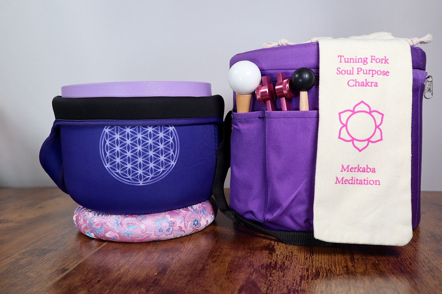 Merkaba Tuning Fork And High Vibration Crown Chakra 8" Crystal Singing Bowl 432HZ B-Note w/ Bag Bundle, Gift For Her