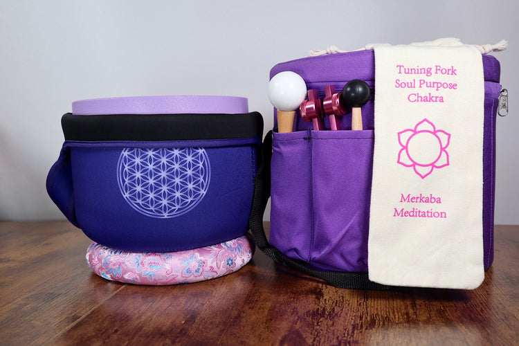 Merkaba Tuning Fork And High Vibration Crown Chakra 8" Crystal Singing Bowl 432HZ B-Note w/ Bag Bundle, Gift For Her