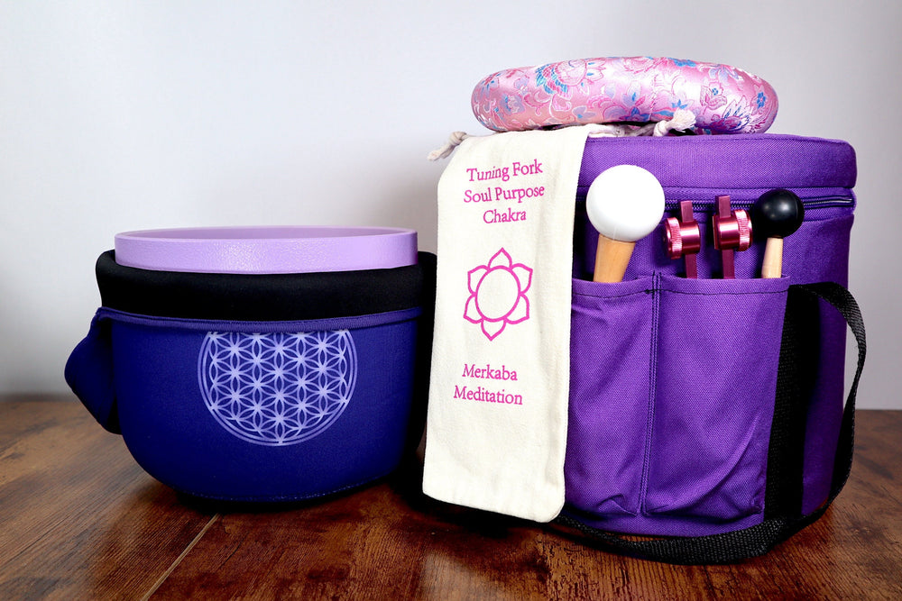Merkaba Tuning Fork And High Vibration Crown Chakra 8" Crystal Singing Bowl 432HZ B-Note w/ Bag Bundle, Gift For Her